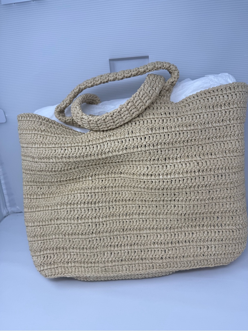 Saint Laurent Beige Crochet Rive Gauche Tote with Navy Logo - Picture 3 of 4